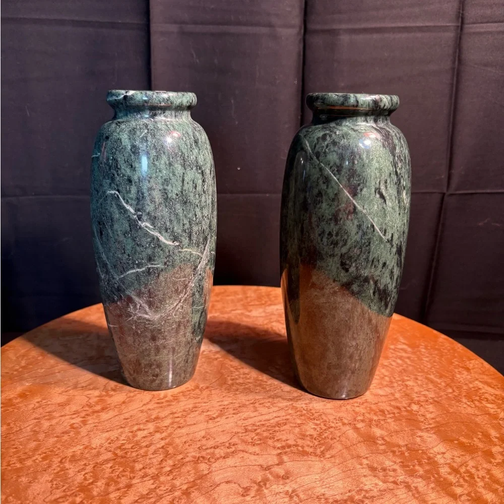 Pair vintage Taiwan green polished marble vases. 7 inches tall